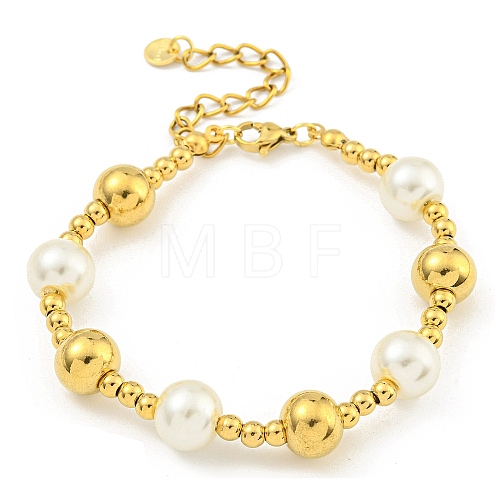 304 Stainless Steel & 201 Stainless Steel & Plastic Pearl Round Beaded Bracelets for Women BJEW-G717-02A-G-1