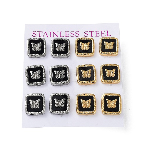 6 Pair 2 Color Square & Butterfly Acrylic Stud Earrings EJEW-A024-05-1