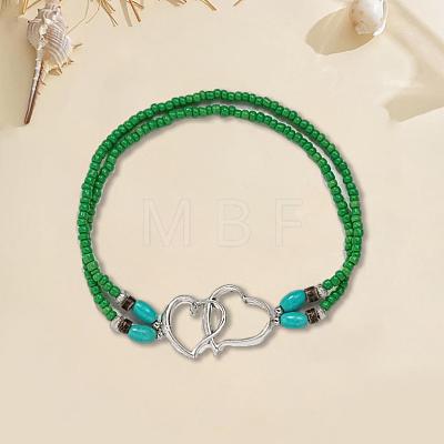 Glass Seed Beads & Alloy Heart Link Anklets WGBE152-07-1