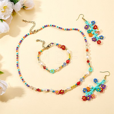 Natural Pearl & Glass Seed Beaded Necklace & Bracelet & Dangle Earrings SJEW-SW00008-1