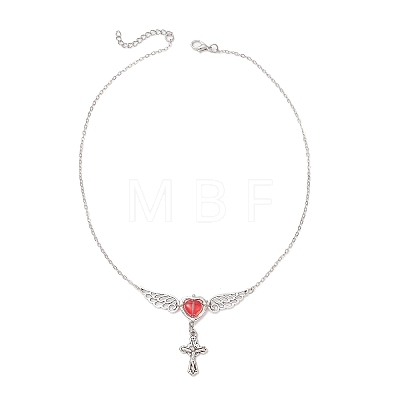 Brass Red Wing Heart with Cross Pendant Cable Chain Necklaces for Women NJEW-JN05909-1