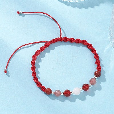 Natural White Moonstone & Red Jasper & Natural Carnelian & Dyed Strawberry Quartz Round Beads Braided Bead Bracelets for Women BJEW-JB12917-07-1