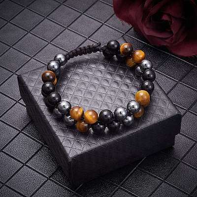 Natural Obsidian & Tiger Eye & Synthetic Hematite Braided Bead Bracelet BJEW-SW00001-22-1