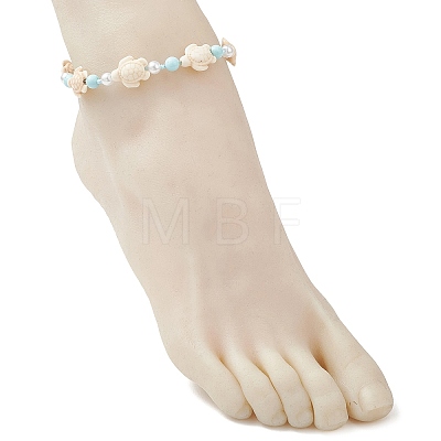 Adjustable Ocean Turtle Synthetic Turquoise & Dyed Round Natural Howlite & Imitation Pearl Braided Bead Anklets for Womem AJEW-AN00785-1