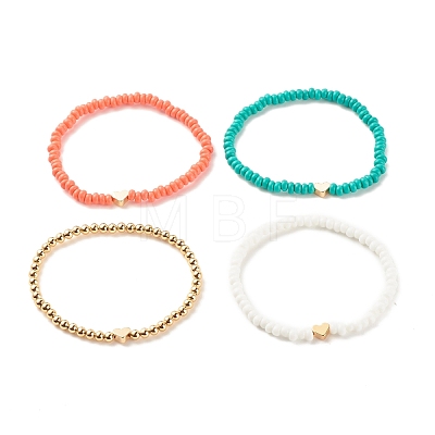 4Pcs 4 Style Glass Seed & Brass Beaded Stretch Bracelets Set with Heart BJEW-JB07917-1