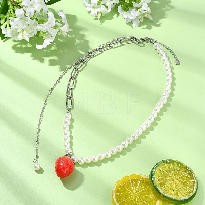Resin Red Strawberry Pendant 304 Stainless Steel Paperclip Chain & Acrylic Pearl White Round Beaded Necklaces for Women NJEW-JN06113-1