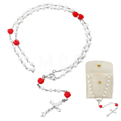 Imitaiton Round Pearl with Resin Flower Rosary Bead Necklaces NJEW-DC0001-24-1