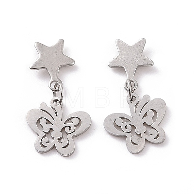 304 Stainless Steel Butterfly with Star Dangle Stud Earrings for Women EJEW-G328-07-1