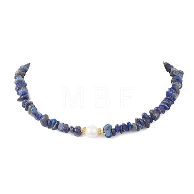 White Round Shell Pearl and Natural Lapis Lazuli Chip Beaded Necklaces NJEW-JN05740-02-1