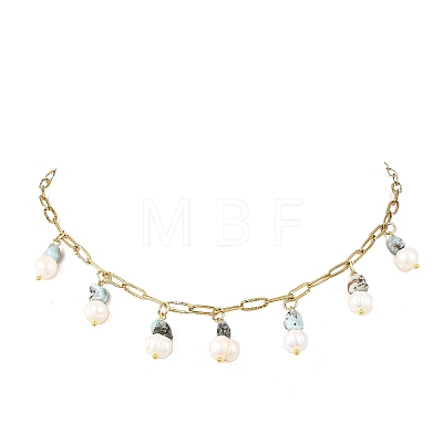 Natural Larimar Chip and Pearl Tassel 304 Stainless Steel Paperclip Chain Necklaces for Women NJEW-JN06528-02-1