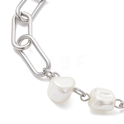 Electroplated Shell Pearl Beads & 304 Stainless Steel Paperclip Chains Beaded Bracelets for Women BJEW-JB12892-1