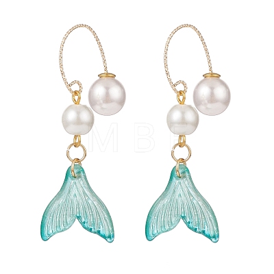 Glass Whale Tail with Imitation Pearl Cuff Earrings EJEW-JE04996-1