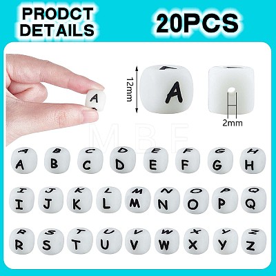 20Pcs Luminous Cube Letter Silicone Beads 12x12x12mm Square Dice Alphabet Beads with 2mm Hole Spacer Loose Letter Beads for Bracelet Necklace Jewelry Making JX437W-1