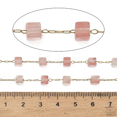 Handmade 304 Stainless Steel Cherry Quartz Glass Beads Cube Link Chains CHS-B011-02G-03-1
