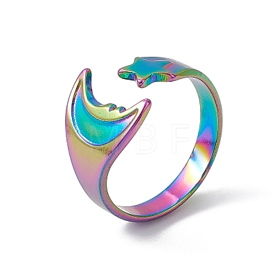 Ion Plating(IP) 304 Stainless Steel Moon & Star Open Cuff Ring for Women RJEW-C045-19M-1