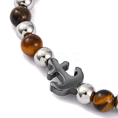 Natural Tiger Eye & Synthetic Magnetic Hematite Anchor Beaded Bracelet BJEW-P339-01P-04-1