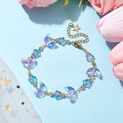 Moon & Star Glass Beaded Bracelet with 304 Stainless Steel Clasps BJEW-JB09957-1