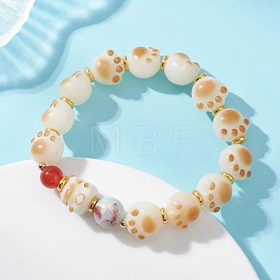 Cat Paw Shape Natural Bodhi Root & Carnelian & Synthetic Imperial Jasper Beaded Stretch Bracelets for Women BJEW-TA00732-1