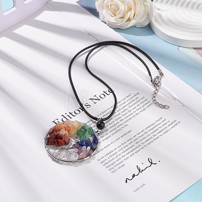 Natural Mixed Gemstone Chips Braided Tree of Life Pendant Necklaces NJEW-JN03886-02-1
