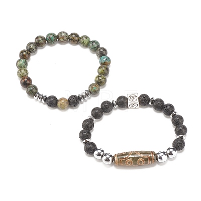 2Pcs 2 Style Mala Bead Bracelets Set with Tibetan Agate Dzi Beads BJEW-JB08020-1