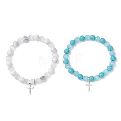 2Pcs Natural Howlite & Synthetic Turquoise Beads Stretch Bracelets BJEW-JB13286-1
