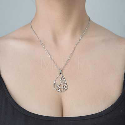 201 Stainless Steel Hollow Teardrop with Flower Pendant Necklace NJEW-OY002-07-1