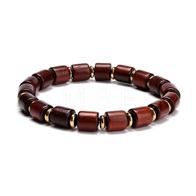 Waxed Natural Wood Column Beads Stretch Bracelet BJEW-JB07089-1