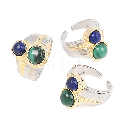 Natural Lapis Lazuli & Natural Malachite with Brass Cuff Open Rings RJEW-B163-01GP-04-1