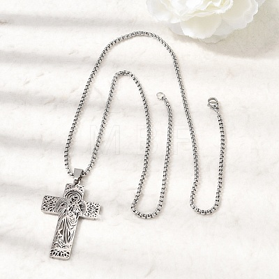Religion 201 Stainless Steel Hollow Virgin Cross Pendant Necklaces for Men Women NJEW-Z118-01P-1
