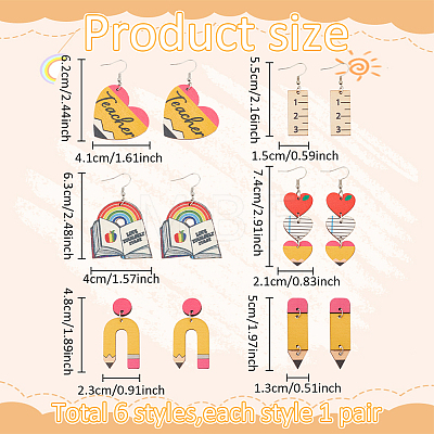ANATTASOUL 6 Pairs 6 Styles Teachers' Day Wood Dangle Earrings with Iron Pins EJEW-AN0004-85-1