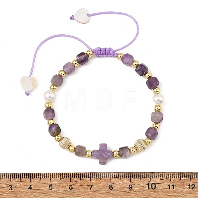Natural Amethyst Faceted Cube Braided Bead Bracelets BJEW-JB14379-01-1