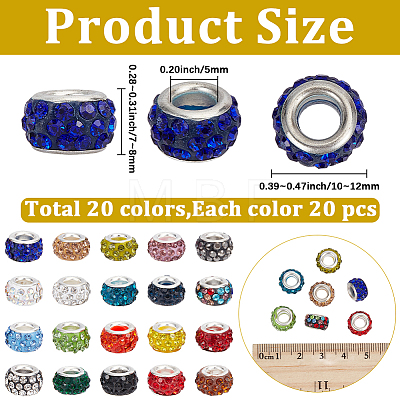 400Pcs 20 Colors Handmade Polymer Clay Rhinestone European Beads CPDL-PA0001-01B-1