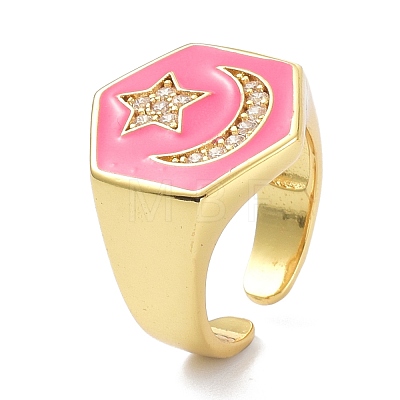Hexagon with Star & Moon Clear Cubic Zirconia Wide Band Ring for Girl Women ZIRC-C025-44G-1