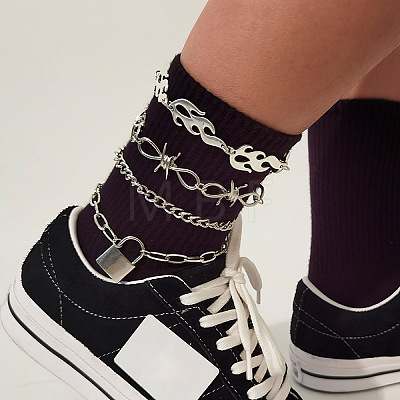 Iron & Aluminum Chain Barbed Wire Flame Multi-Layered Anklets WG98879-07-1