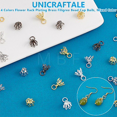 64Pcs 4 Colors Flower Rack Plating Brass Filigree Bead Cap Bails KK-UN0002-89-1