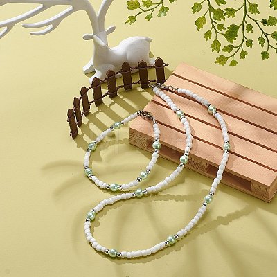 Plastic & Glass Pearl & Seed Beaded Bracelet and Necklace SJEW-JS01255-1