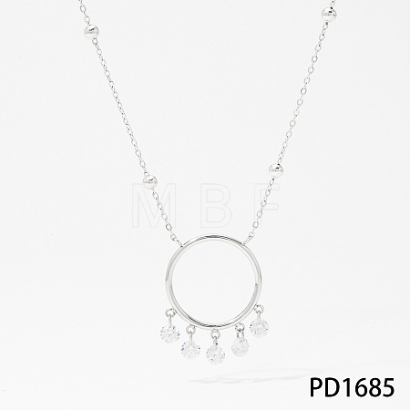 316 Surgical Stainless Steel Ring with Clear Cubic Zirconia Tassel Necklaces for Women WG80F9B-02-1