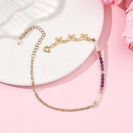 Natural Amethyst & Pearl Round Beaded Butterfly Anklets AJEW-AN00795-02-1