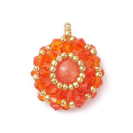 Dyed Natural Mashan Jade & Glass Seed Beaded Flat Round Pendants PALLOY-MZ00950-04-1