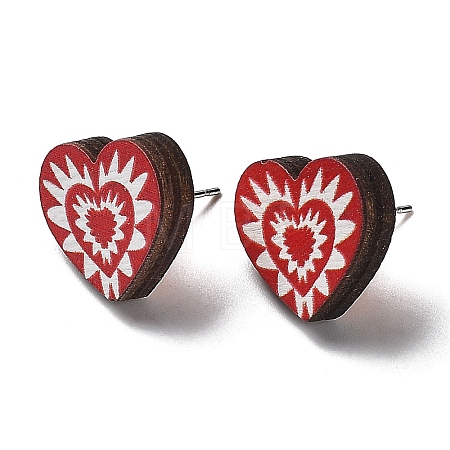 Valentine's Day Theme Printing Wood Stud Earrings for Women EJEW-B029-01-1
