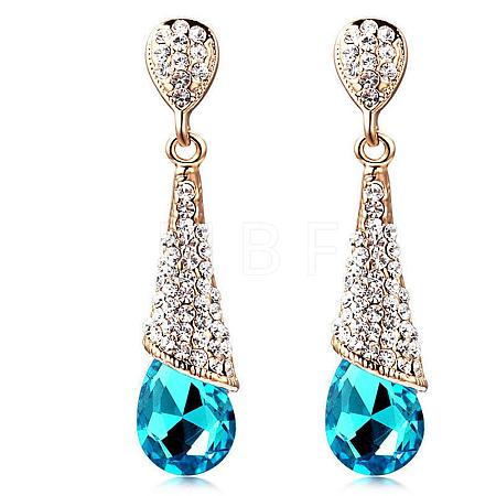 Real 18K Gold Plated Brass Rhinestone Teardrop Stud Earrings EJEW-EE0001-232C-1
