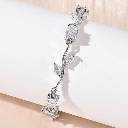 Brass Micro Pave Cubic Zirconia Oval & Leaf Link Chain Bracelets for Women BJEW-G764-05P-02-1