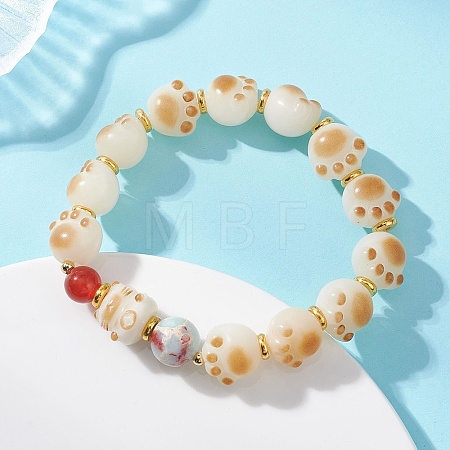 Cat Paw Shape Natural Bodhi Root & Carnelian & Synthetic Imperial Jasper Beaded Stretch Bracelets for Women BJEW-TA00732-1