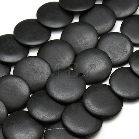 Natural Flat Round Black Stone Beads Strands G-P062-42-1