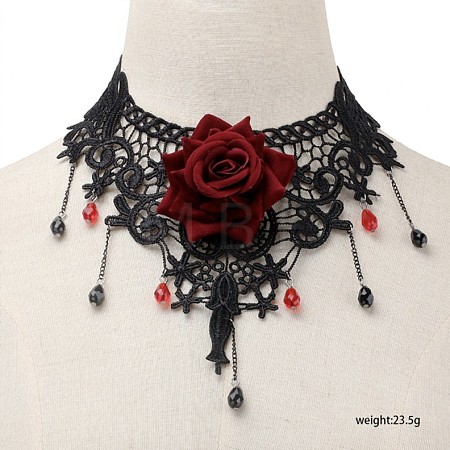 Gothic Alloy Glass Lace Rose Flower Statement Bib Choker Necklaces for Women FS-WGE10D6-03-1