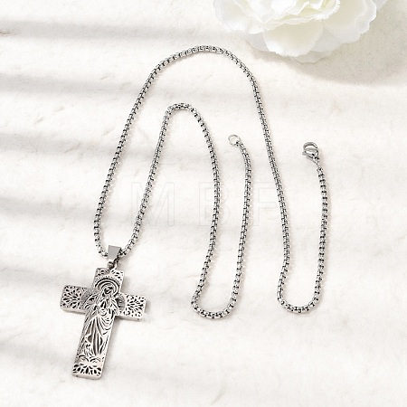 Religion 201 Stainless Steel Hollow Virgin Cross Pendant Necklaces for Men Women NJEW-Z118-01P-1