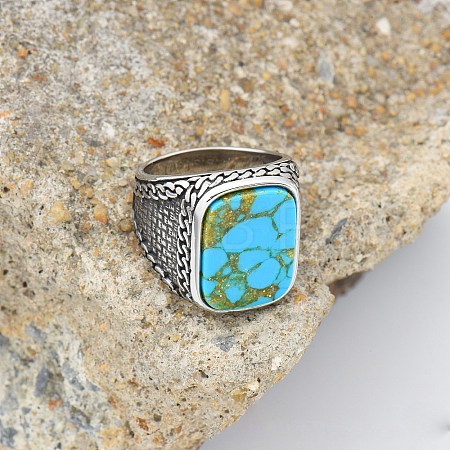 304 Stainless Steel with Synthetic Turquoise Finger Rings FS-WG67565-42-1
