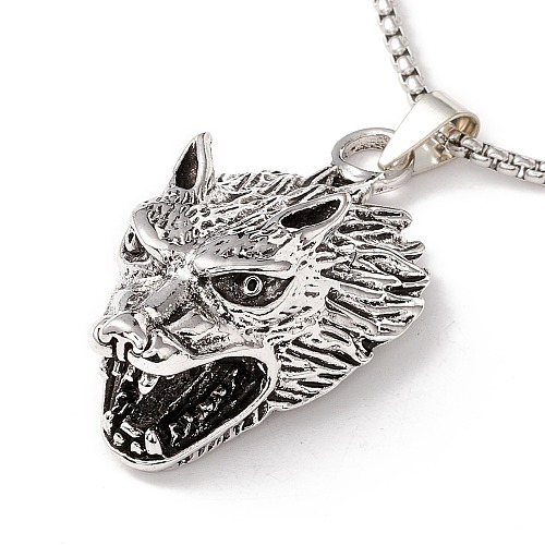 Alloy Wolf Pendant Necklace with 201 Stainless Steel Box Chains NJEW-E016-06AS-1