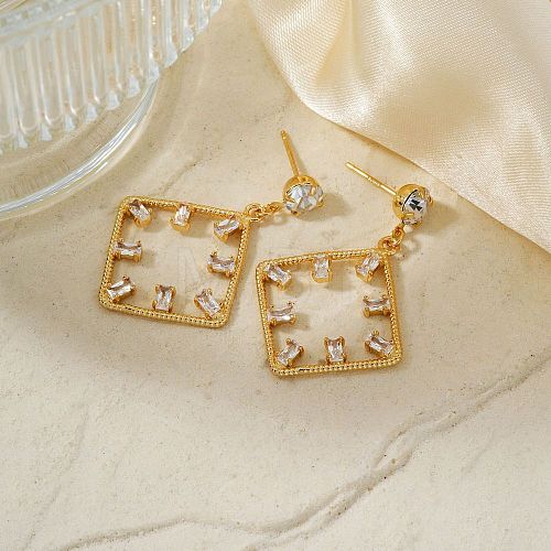 Geometric Hollow Design Brass Pave Clear Cubic Zirconia Stud Earrings SQ8003-2-1