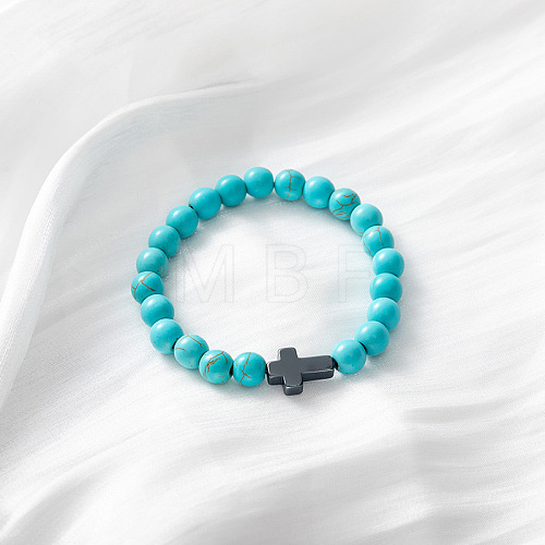 Synthetic Turquoise & Cross Stretch Bracelet TO4713-6-1